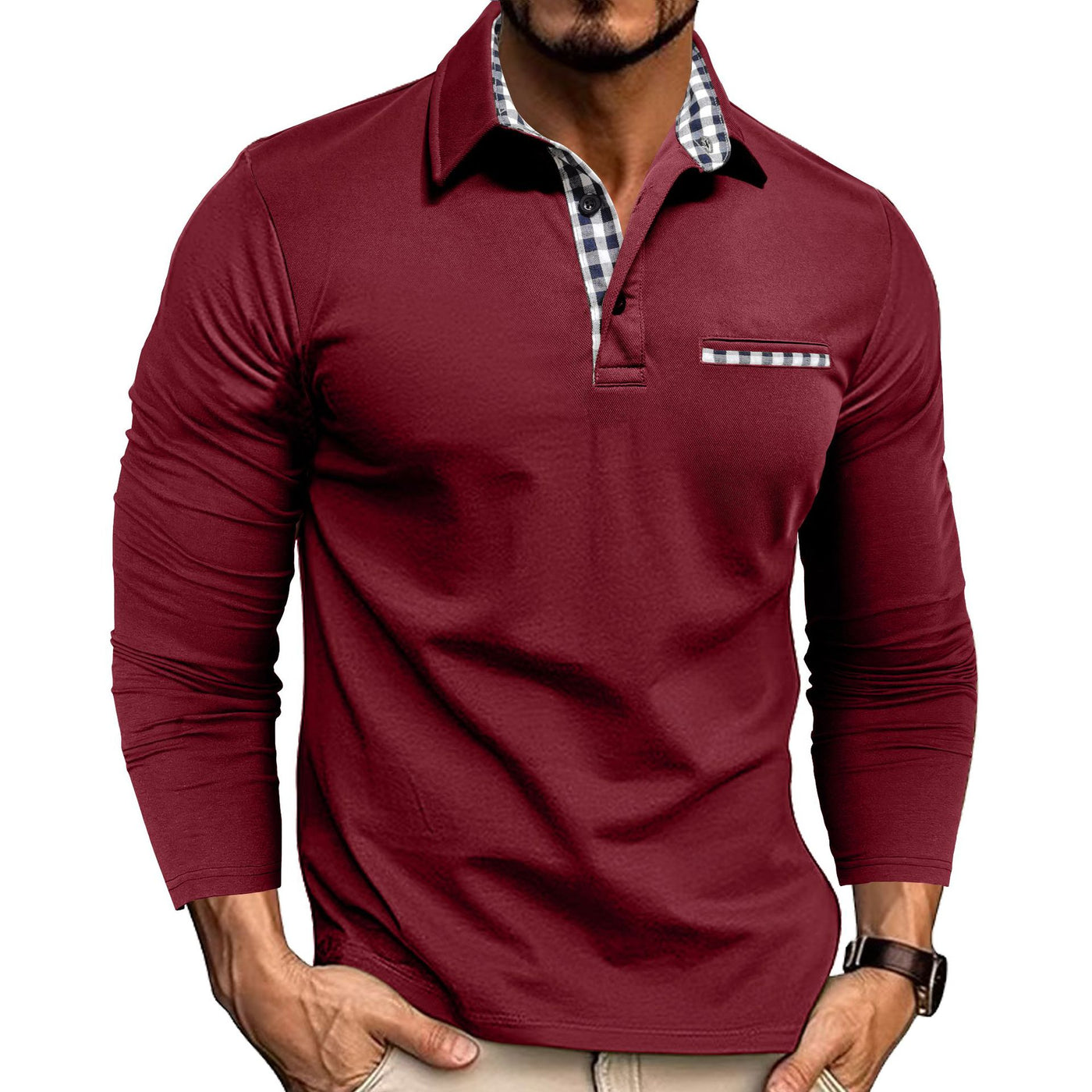Men’s Plaid-Trim Long-Sleeve Polo Shirt