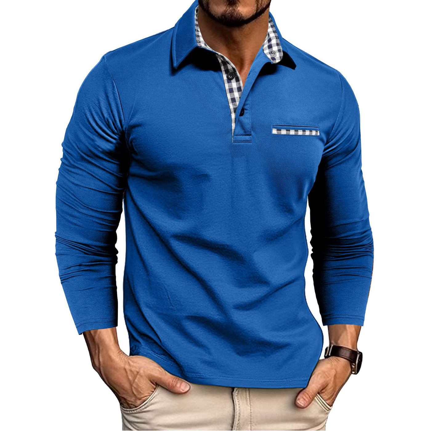 Men’s Plaid-Trim Long-Sleeve Polo Shirt