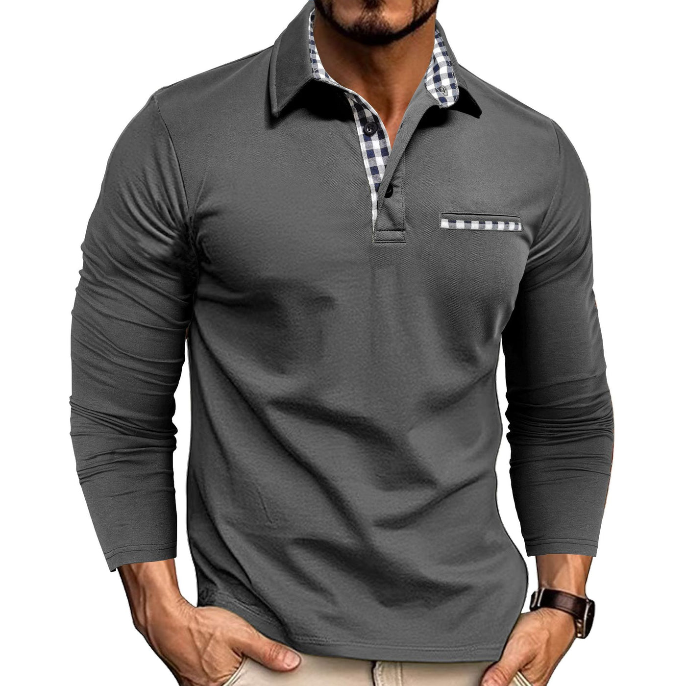 Men’s Plaid-Trim Long-Sleeve Polo Shirt