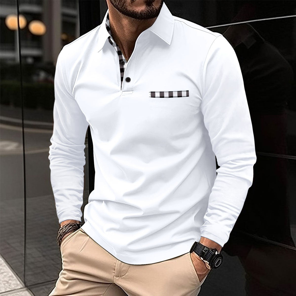 Men’s Plaid-Trim Long-Sleeve Polo Shirt