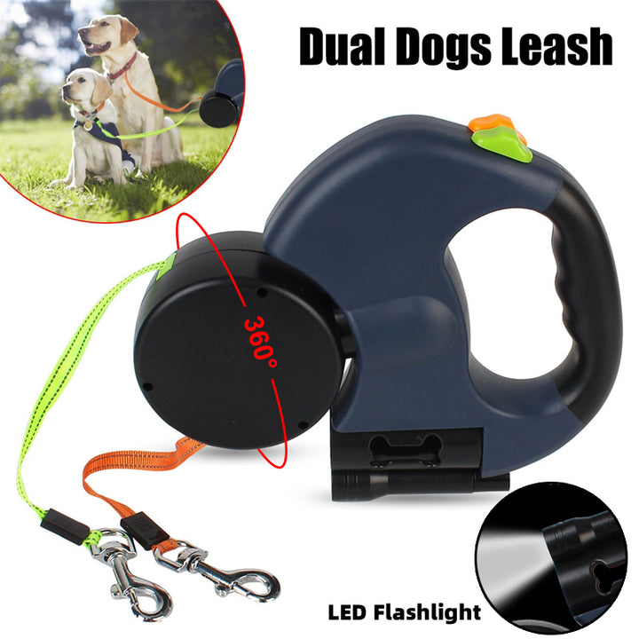 Dual retractable dog leash with built-in light