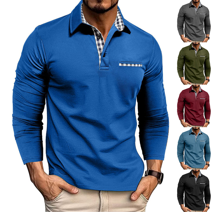 Men's plaid-trim long-sleeve polo shirt