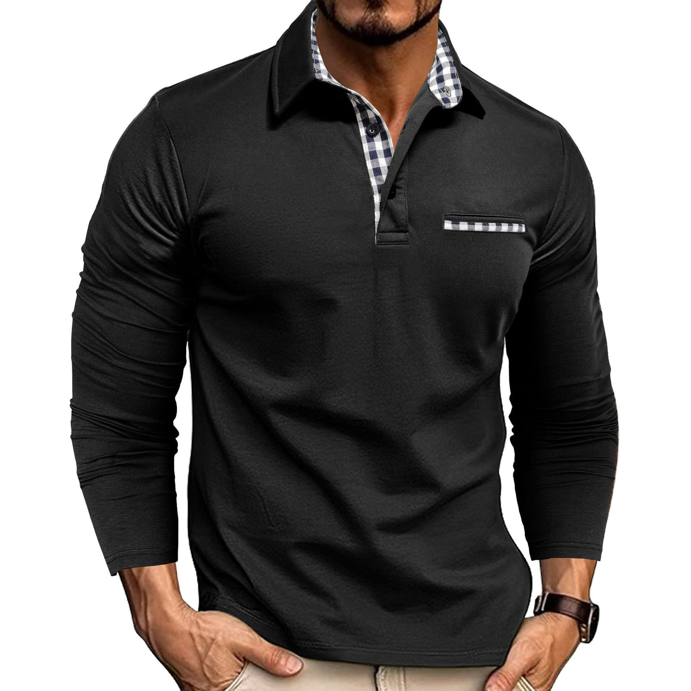 Men’s Plaid-Trim Long-Sleeve Polo Shirt